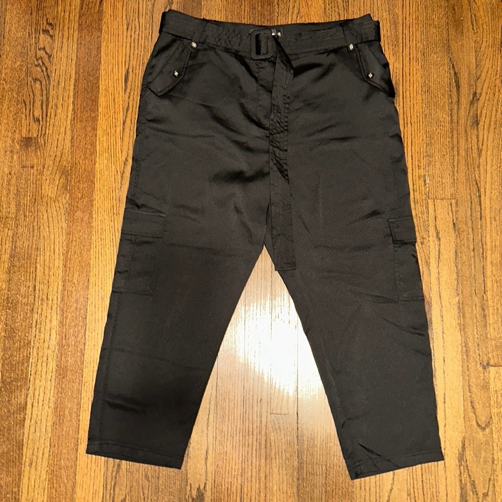 Gabrielle Union NY&C Black Satin High Waisted Ankle Pants With Belt & Pockets